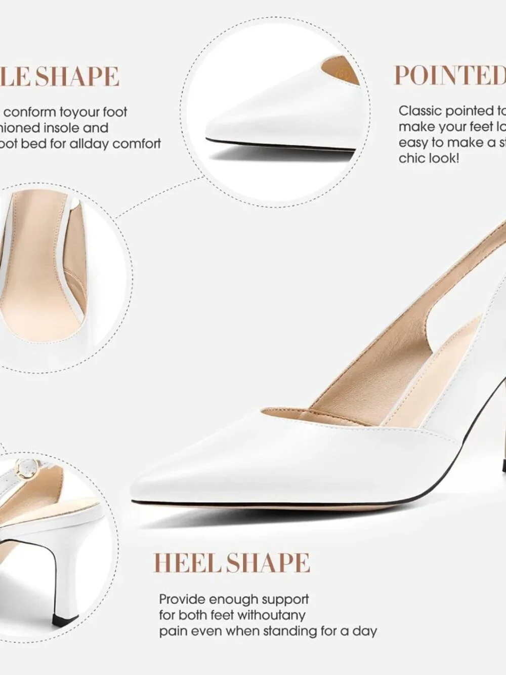 Women's White/pu Slingback Kitten Heels Closed Pointed Toe Pumps Shoes
